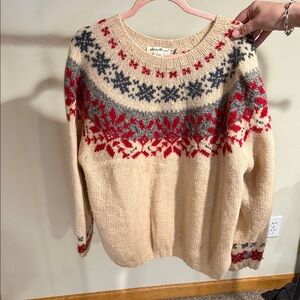 Eddie Bauer Beige Sweater with Red and Blue Pattern